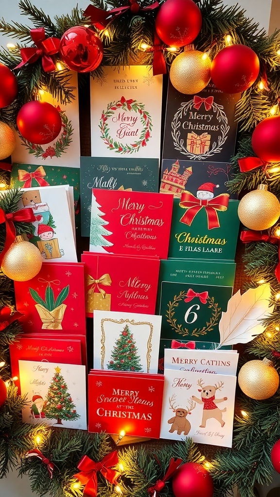 Heartfelt Messages for Christmas Cards A festive display of Christmas cards with decorations, showcasing various designs and colors.